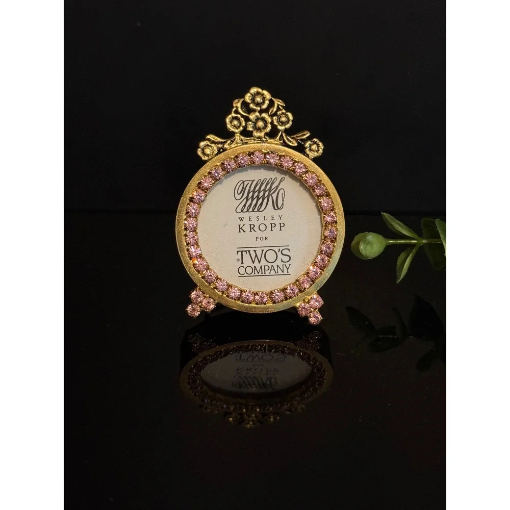 Wesley Kropp for Twos Company Gold Pink Rhinestone Mini Round Picture Frame
